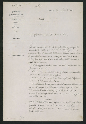 Arrêté préfectoral portant modification du règlement d'eau pour le moulin en ce qui concerne le niveau légal de la retenue (30 juillet 1861)