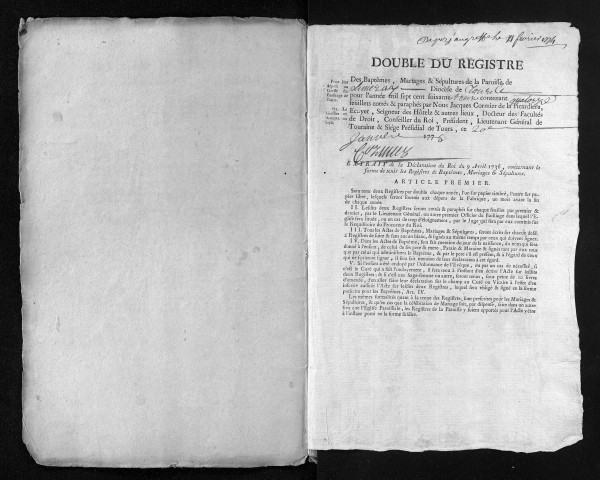 Collection du greffe. Baptêmes, mariages, sépultures, 1773