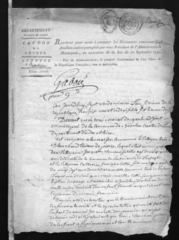 Naissances, mariages, décès, an VI-an X - Pour les mariages de l'an VII et de l'an VIII, se reporter à la municipalité de canton (Loches)