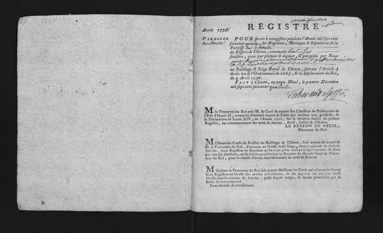 Collection du greffe. Baptêmes, mariages, sépultures, 1775-3 janvier 1776