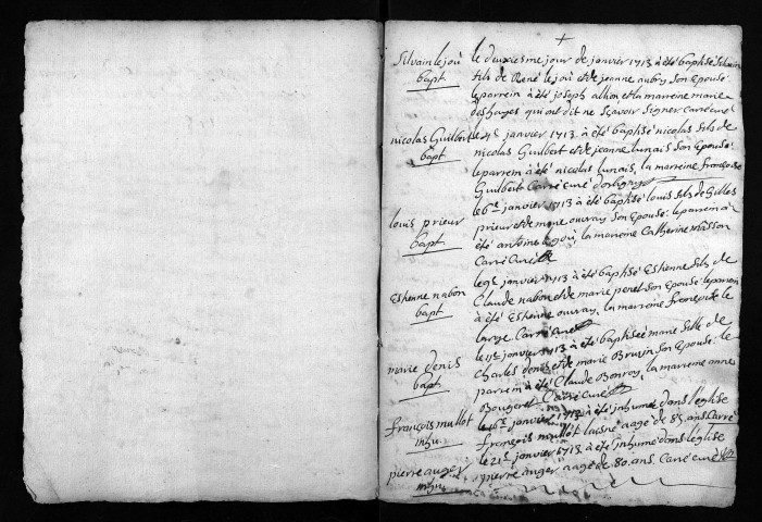 Collection du greffe. Baptêmes, mariages, sépultures, 1713-1715