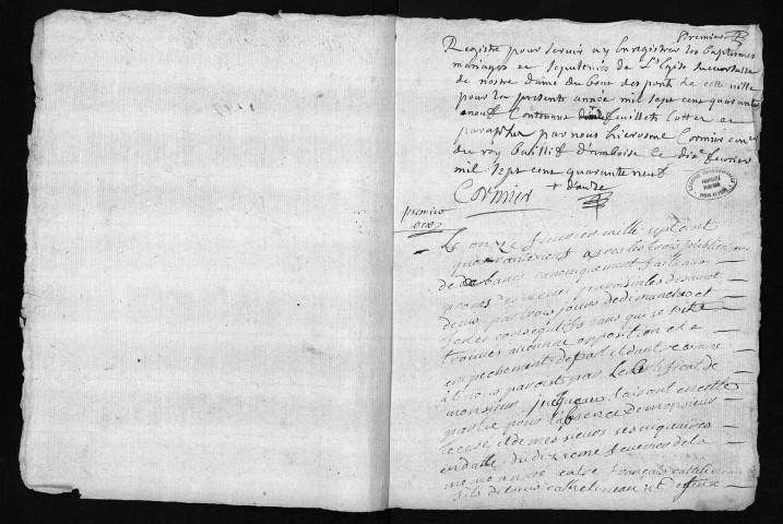 Collection du greffe. Baptêmes, mariages, sépultures,1er février-23 octobre 1749