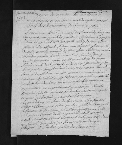 Collection du greffe. Baptêmes, mariages, sépultures, 1702