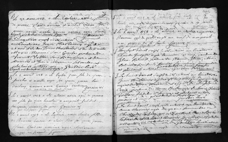 Collection du greffe. Baptêmes, mariages, sépultures, 1748-1749