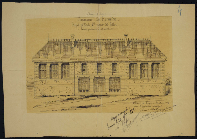Projet de construction d'une école de filles et d'un logement pour l'institutrice, 6 plans : 1 coupe des lieux (1882) ; 1 plan de la façade principale (1882) ; 1 plan de la façade postérieure (1882) ; 1 coupe transversale de l'habitation (1882) ; 1 description du mobilier (1882) ; 1 plan de relevé d'exécution (1885).