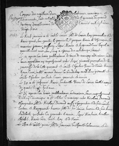 Collection du greffe. Baptêmes, mariages, sépultures, 1723