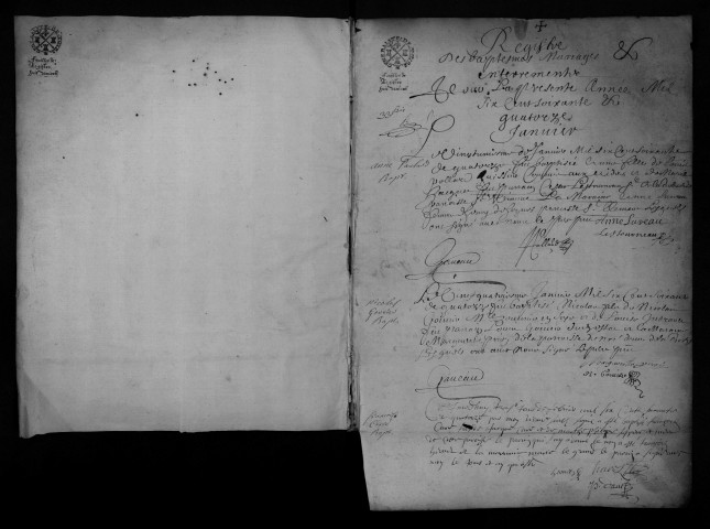 Collection communale. Baptêmes, mariages, sépultures, 21 janvier-20 novembre 1674