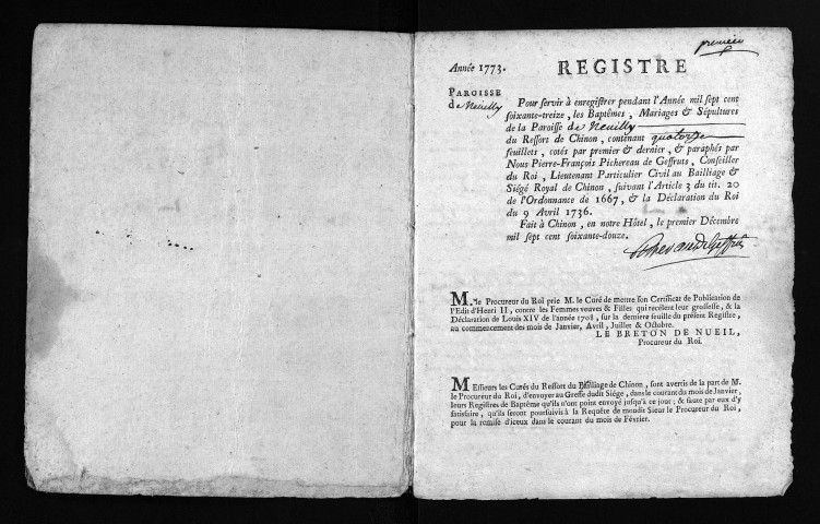 Collection du greffe. Baptêmes, mariages, sépultures, 1773