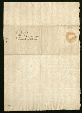 Lettre du dauphin François (futur François II) « aux gens des comptes de Blois » pour leur demander d'enregistrer et d'entériner, sans nouveaux retards et difficultés, les lettres par lesquelles le roi son père (Henri II) a accordé quatre cents livres de pension au seigneur de Mesvilliers (Picardie), écuyer d'écurie ordinaire du roi au service du dauphin, pour le dédommager des pertes que la guerre lui a fait subir.
