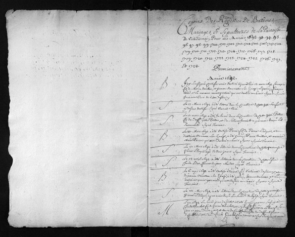 Collection du greffe. Baptêmes, mariages, sépultures, 1692-1693, 1695-1703, 1705-1728