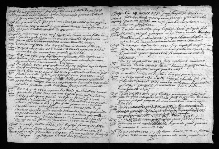 Collection du greffe. Baptêmes, mariages, sépultures, 1732