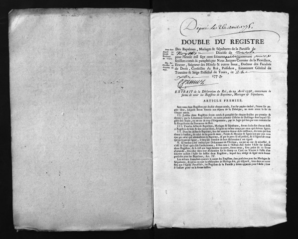 Collection du greffe. Baptêmes, mariages, sépultures, 1774