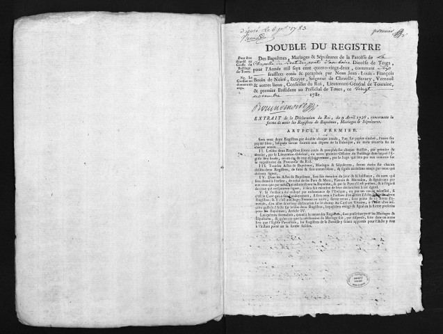 Collection du greffe. Baptêmes, mariages, sépultures, 3 janvier-31 décembre 1782