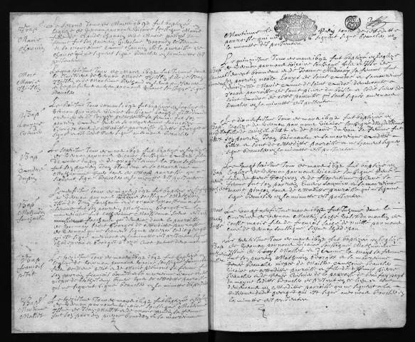 Collection communale. Baptêmes, mariages, sépultures, 1692-1696