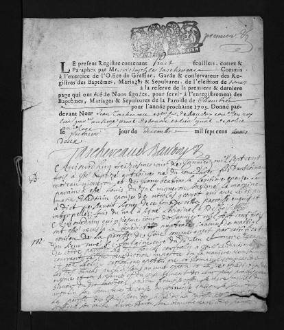 Collection du greffe. Baptêmes, mariages, sépultures, 1703 - Les années 1697-1702 sont lacunaires dans cette collection