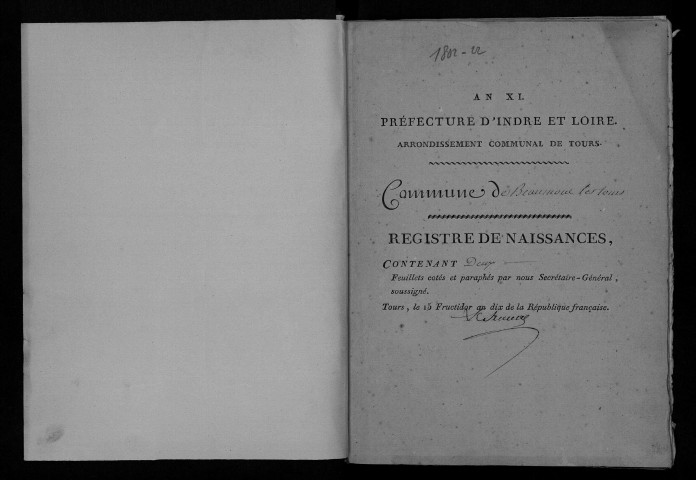 Beaumont-lès-Tours. Naissances, mariages, décès, an XI-1822 (date de rattachement à la commune de Saint-Étienne-Extra).
