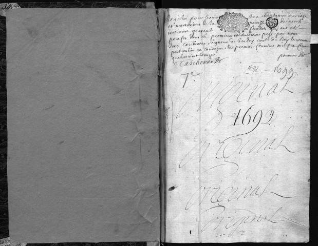 Collection communale. Baptêmes, mariages, sépultures, 1692-1699