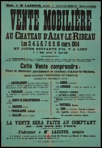 Vente du mobilier du château du 3 au 10 mars 1904 : catalogue, inventaires, affiches, carnets de bulletins d'adjudication, notes comptables