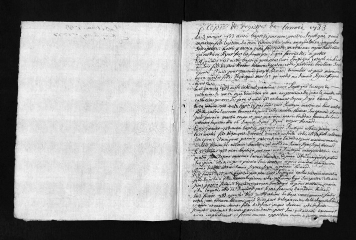 Baptêmes, mariages, sépultures, 1733