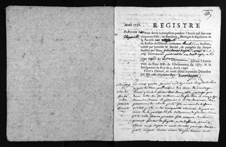 Collection du greffe. Baptêmes, mariages, sépultures, 1758