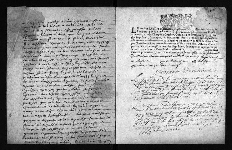 Collection du greffe. Baptêmes, mariages, sépultures, 1700