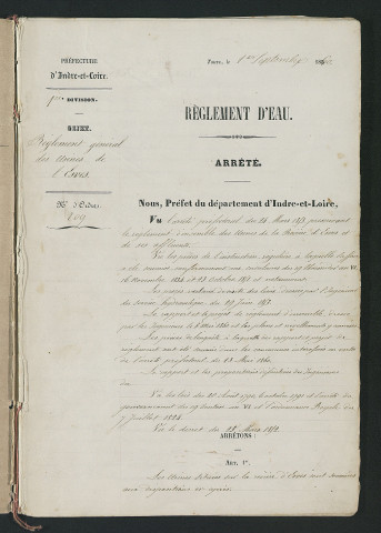 Arrêté portant règlement hydraulique des usines situées sur la rivière de l'Esves (1er septembre 1860)