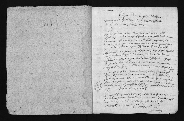 Collection du greffe. Baptêmes, mariages, sépultures, 1711-1er janvier 1712