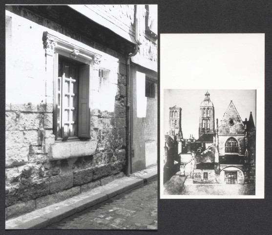 Place des Halles et rue des Halles : vue sur l'église Saint-Clément, la tour Charlemagne et la tour de l'Horloge. Au dos de la photographie : 4 rue du Petit Saint-Martin, détruit (plan de Pierre Labadie).