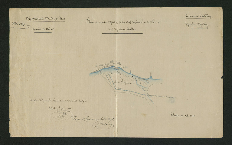 Plan du moulin d'Abilly, de son bief supérieur et du pré du sieur Marteau Ballue" (19 septembre 1834)