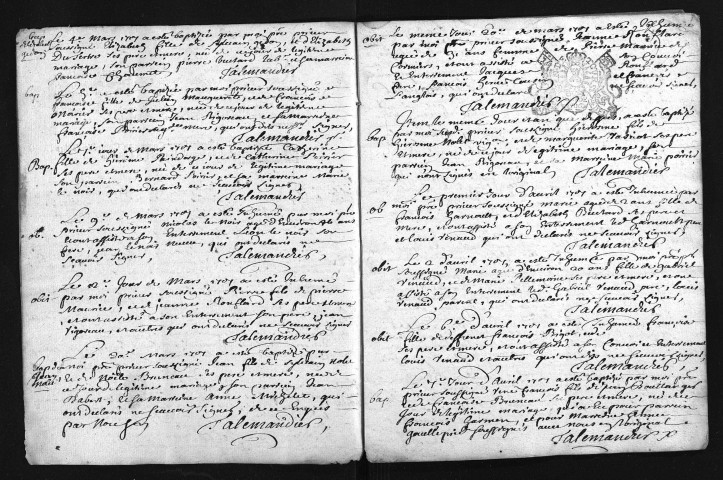 Collection du greffe. Baptêmes, mariages, sépultures, 1707