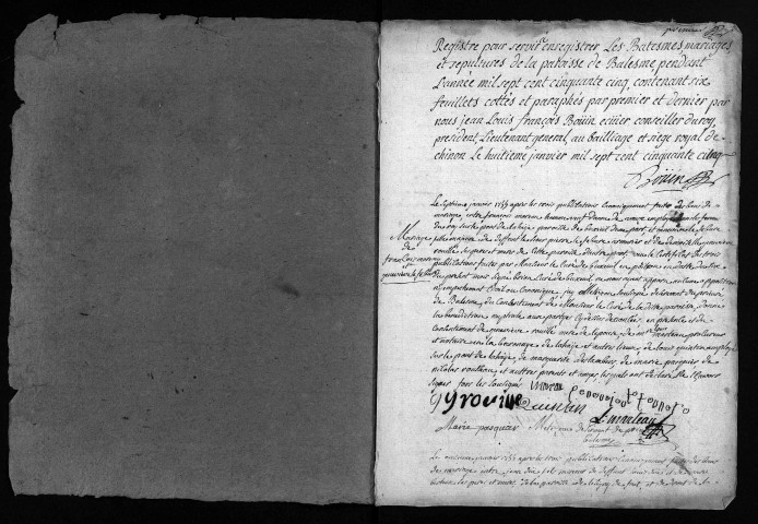 Collection du greffe. Baptêmes, mariages, sépultures, 1755