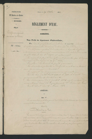 Arrêté portant règlement hydraulique des usines du bras gauche de l'Indre dit de Charrière (29 octobre 1852)