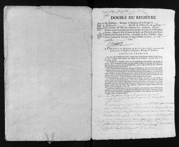 Collection du greffe. Baptêmes, mariages, sépultures, 1771