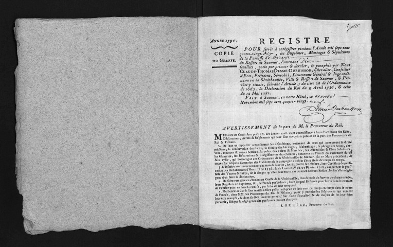 Collection du greffe. Baptêmes, mariages, sépultures, 1790