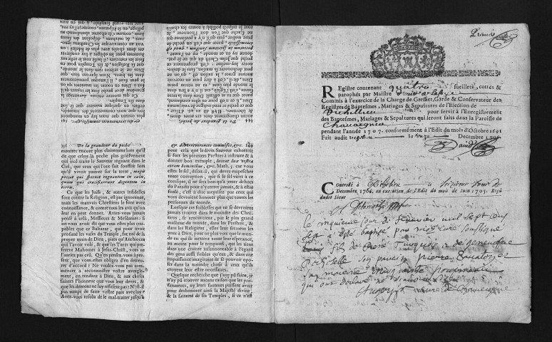 Collection du greffe. Baptêmes, mariages, sépultures, 1707 - Les années 1692-1706 sont lacunaires dans cette collection