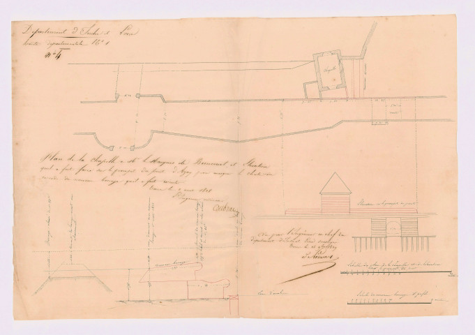 Plan de la chapelle à Monsieur le marquis de Biencourt et élévation qu'il a fait faire sur le parapet du pont d'Azay pour marquer la chute ou cascade du nouveau barrage qu'il a fait exécuter (2 août 1828)