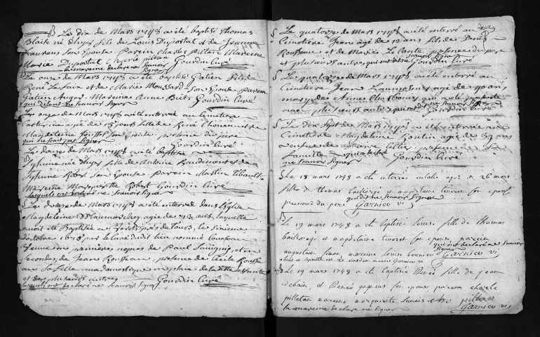 Collection du greffe. Baptêmes, mariages, sépultures, 1748-1749