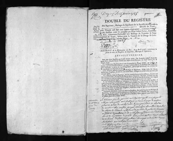 Collection du greffe. Baptêmes, mariages, sépultures, 1784