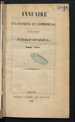 Annuaire statistique et commercial du département de l'Indre-et-Loire - 1852.