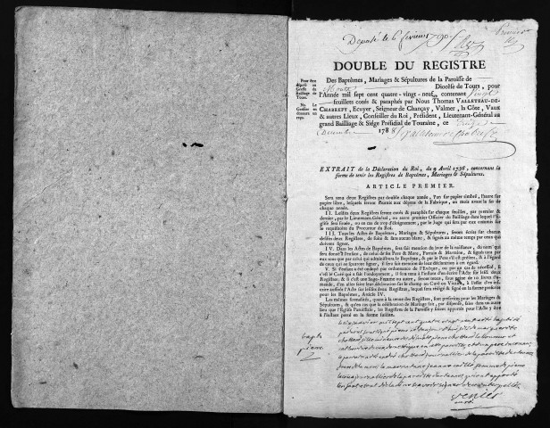 Collection du greffe. Baptêmes, mariages, sépultures, 1789