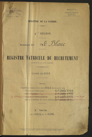 Classe 1913. Matricules n°641-1148, 1733-1734