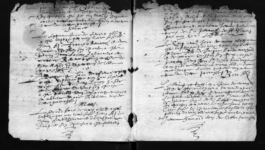 Collection communale. Baptêmes, mariages, sépultures, 1668-1674 - Lacunes : années 1676 à 1680 et 1682