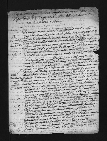 Collection du greffe. Baptêmes, mariages, sépultures, 1736 - L'année 1735 est lacunaire dans cette collection