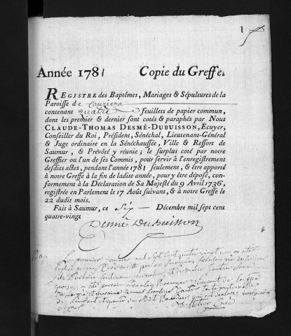 Collection du greffe. Baptêmes, mariages, sépultures, 1781