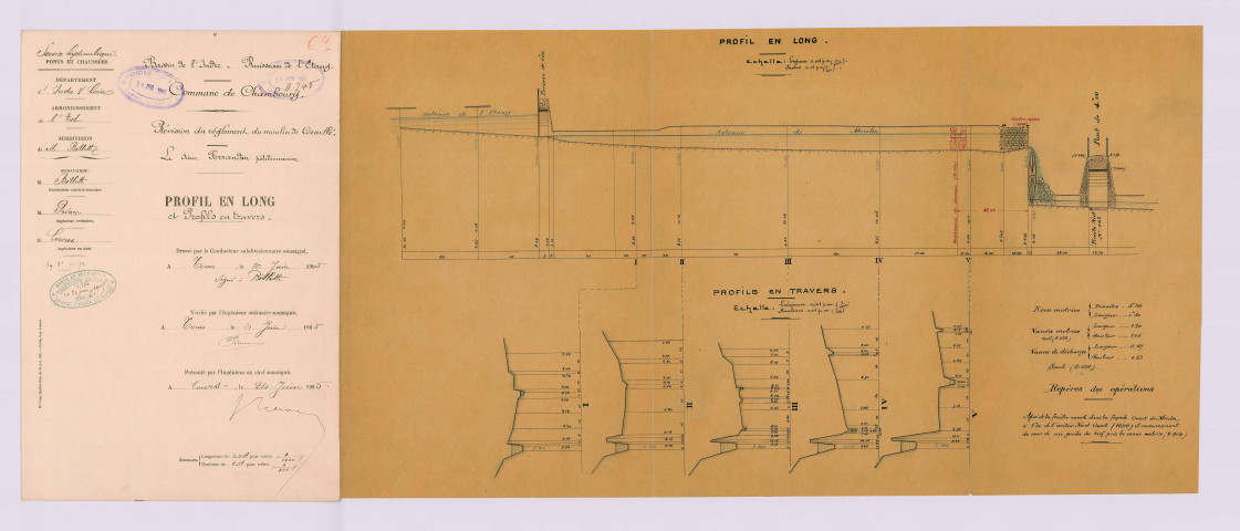 Révision du règlement d'eau : plan des profils en long et en travers (10 juin 1905)
