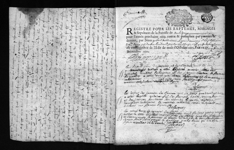 Collection du greffe. Baptêmes, mariages, sépultures, 1693 - Les années 1687-1692 sont lacunaires dans cette collection