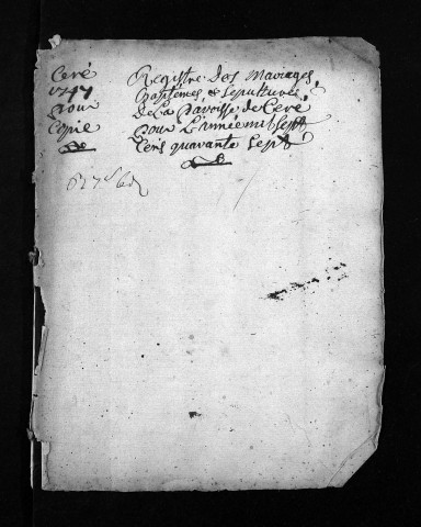 Collection du greffe. Baptêmes, mariages, sépultures, 1747