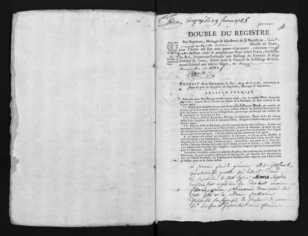 Baptêmes, mariages, sépultures, 1784
