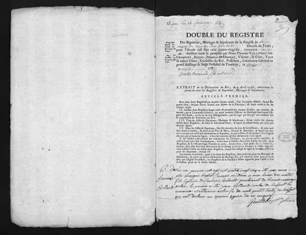Collection du greffe. Baptêmes, mariages, sépultures, 6 janvier-10 décembre 1786