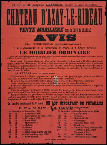 Vente du mobilier du château du 3 au 10 mars 1904 : catalogue, inventaires, affiches, carnets de bulletins d'adjudication, notes comptables